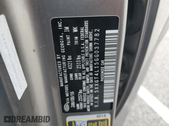 2016 Kia Optima LX Turbo with VIN 5XXGT4L15GG037782, listed as a Copart auction lot 43381115 with 109,015 mi miles and Salvage Title. Bid and sale history available at carsss.com. Image 14.
