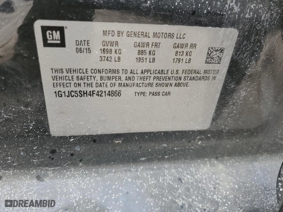 2015 Chevrolet Sonic LT with VIN 1G1JC5SH4F4214866, listed as a Copart auction lot 47404465 with 132,919 mi miles and Salvage Title. Bid and sale history available at carsss.com. Image 12.