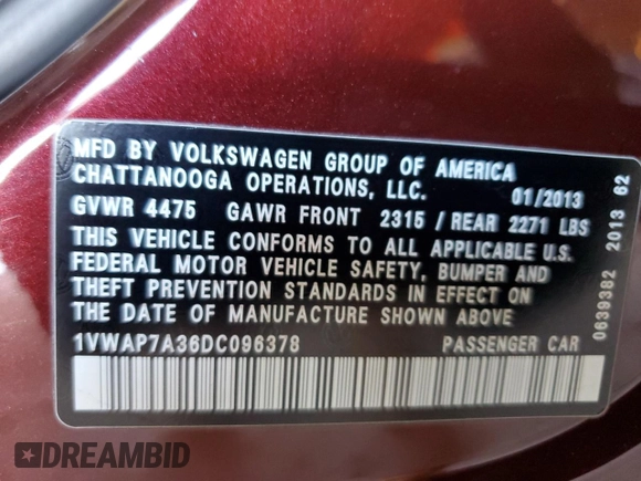 2013 Volkswagen Passat Wolfsburg Edition with VIN 1VWAP7A36DC096378, listed as a Copart auction lot 44678105 with 126,507 mi miles and Salvage Title. Bid and sale history available at carsss.com. Image 15.