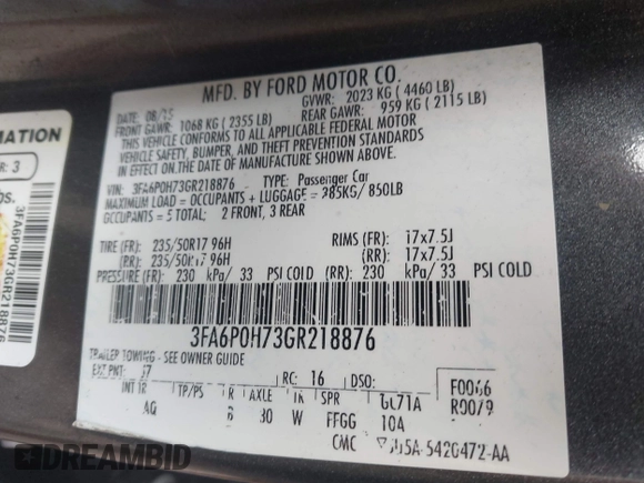 2016 Ford Fusion SE with VIN 3FA6P0H73GR218876, listed as a IAAI auction lot 42797357 with 250,997 mi miles and . Bid and sale history available at DreamBid. Image 9.