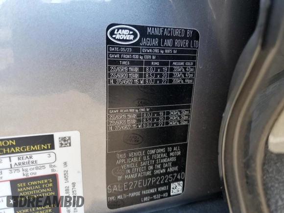 2023 Land Rover Defender X-Dynamic SE with VIN SALE27EU7P2225740, listed as a Copart auction lot 88372285 with 13,408 mi miles and Salvage Title. Bid and sale history available at DreamBid. Image 14.