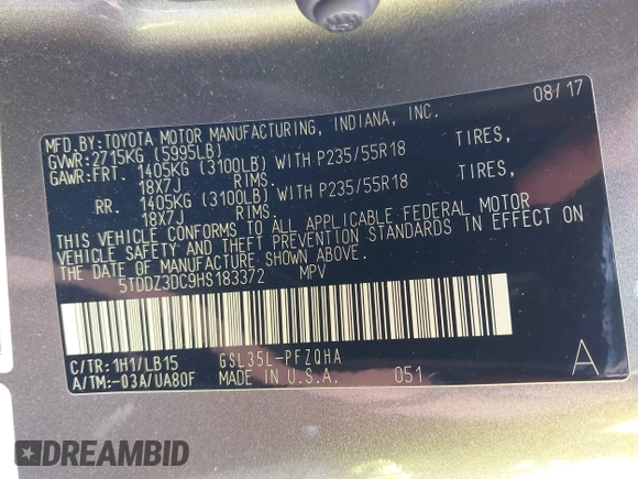 2017 Toyota Sienna XLE with VIN 5TDDZ3DC9HS183372, listed as a IAAI auction lot 42440209 with 112,199 mi miles and . Bid and sale history available at DreamBid. Image 9.