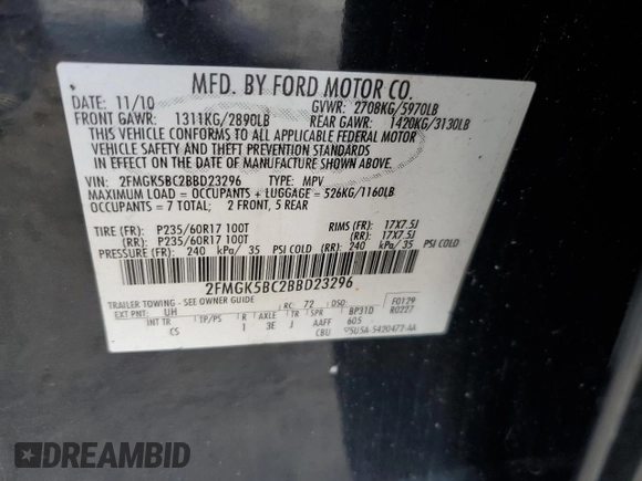2011 Ford Flex SE with VIN 2FMGK5BC2BBD23296, listed as a Copart auction lot 89186235 with 322,866 mi miles and Salvage Title. Bid and sale history available at carsss.com. Image 13.