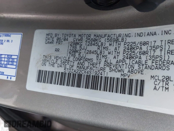 2004 Toyota Sienna XLE with VIN 5TDZA22CX4S192411, listed as a IAAI auction lot 41786871 with 245,165 mi miles and . Bid and sale history available at DreamBid. Image 9.