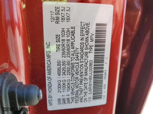 2018 Honda CR-V EX-L with VIN 5J6RW1H8XJL000863, listed as a Copart auction lot 52452115 with 51,293 mi miles and Salvage Title. Bid and sale history available at carsss.com. Image 14.