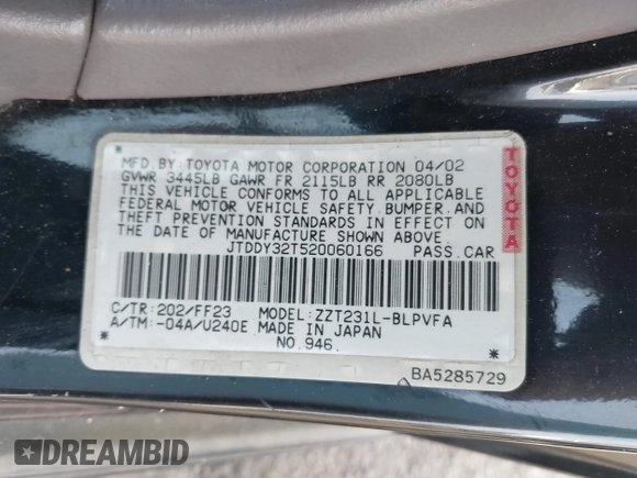 2002 Toyota Celica GTS with VIN JTDDY32T520060166, listed as a IAAI auction lot 41598643 with 116,983 mi miles. Bid and sale history available at carsss.com. Image 9.