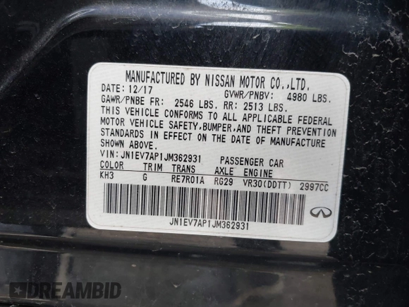 2018 Infiniti Q50 Luxe with VIN JN1EV7AP1JM362931, listed as a IAAI auction lot 41667394 with Not Provided miles and . Bid and sale history available at DreamBid. Image 9.