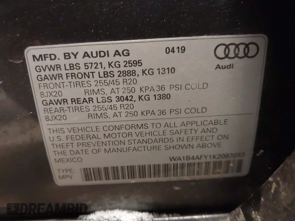 2019 Audi SQ5 Premium Plus z VIN WA1B4AFY1K2097033, wystawiony jako IAAI lot #41433068 z przebiegiem 47 730 mil mil oraz . Historia ofert i sprzedaży dostępna na DreamBid. Obrazek 9.
