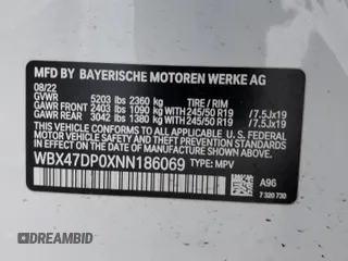 2022 BMW X3 sDrive30i with VIN WBX47DP0XNN186069, listed as a Copart auction lot 87093994 with 22,205 mi miles and Salvage Title. Bid and sale history available at DreamBid. Image 13.