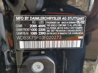 2003 Mercedes-Benz SL 500 z VIN WDBSK75F03F020273, wystawiony jako Copart lot #55319705 z przebiegiem 79 292 mil mil oraz Szkoda całkowita • Salvage title. Historia ofert i sprzedaży dostępna na DreamBid. Obrazek 12.
