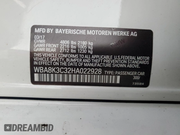 2017 BMW 3 Series 330i xDrive with VIN WBA8K3C32HA022928, listed as a Copart auction lot 84476524 with 50,086 mi miles and Salvage Title. Bid and sale history available at carsss.com. Image 12.