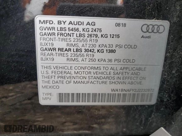 2018 Audi Q5 Premium Plus with VIN WA1BNAFY2J2232872, listed as a Copart auction lot 51054445 with 20,126 mi miles and Salvage title. Bid and sale history available at DreamBid. Image 14.