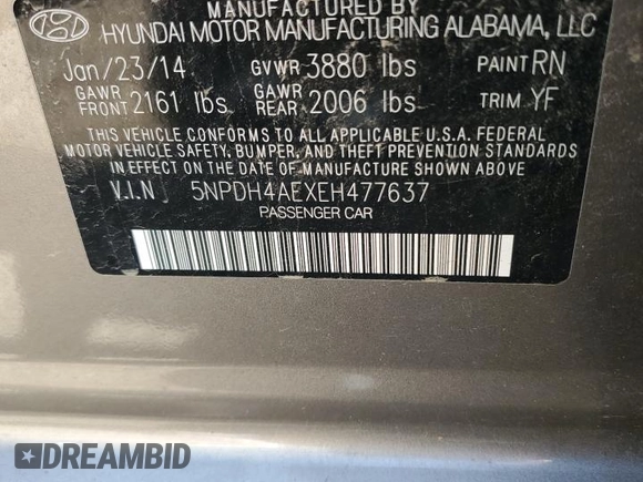 2014 Hyundai Elantra Limited z VIN 5NPDH4AEXEH477637, wystawiony jako Copart lot #52564715 z przebiegiem 131 561 mil mil oraz Szkoda całkowita • Salvage title. Historia ofert i sprzedaży dostępna na DreamBid. Obrazek 14.