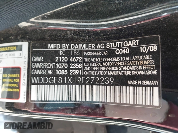 2009 Mercedes-Benz C 300 Sport z VIN WDDGF81X19F272239, wystawiony jako IAAI lot #42033334 z przebiegiem 212 758 mil mil oraz . Historia ofert i sprzedaży dostępna na DreamBid. Obrazek 9.