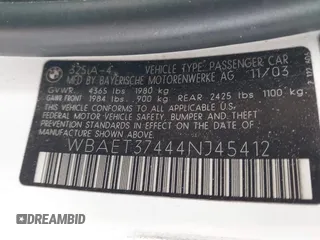 2004 BMW 3 Series 325i with VIN WBAET37444NJ45412, listed as a IAAI auction lot 41766838 with 1 mi miles. Bid and sale history available at carsss.com. Image 9.
