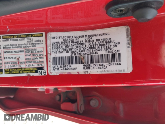 2004 Toyota Matrix Std z VIN 2T1LR32E64C278443, wystawiony jako IAAI lot #42104511 z przebiegiem 189 272 mil mil oraz . Historia ofert i sprzedaży dostępna na DreamBid. Obrazek 9.