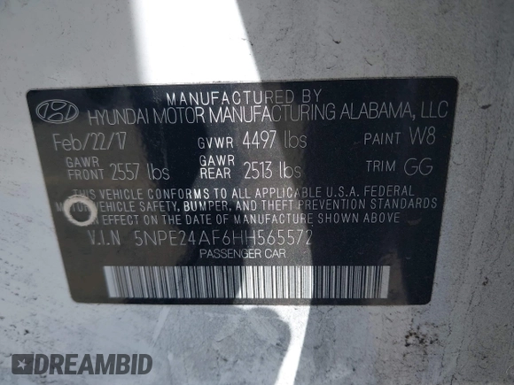 2017 Hyundai Sonata 2.4L with VIN 5NPE24AF6HH565572, listed as a IAAI auction lot 41968741 with Not Provided miles and . Bid and sale history available at carsss.com. Image 9.