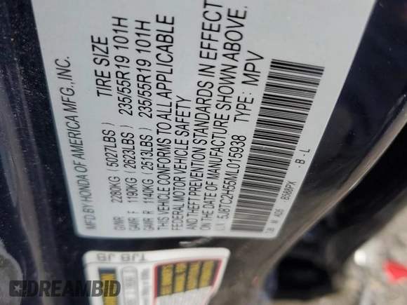 2021 Acura RDX Technology with VIN 5J8TC2H55ML015938, listed as a Copart auction lot 61309105 with Not provided miles and Salvage title. Bid and sale history available at DreamBid. Image 13.
