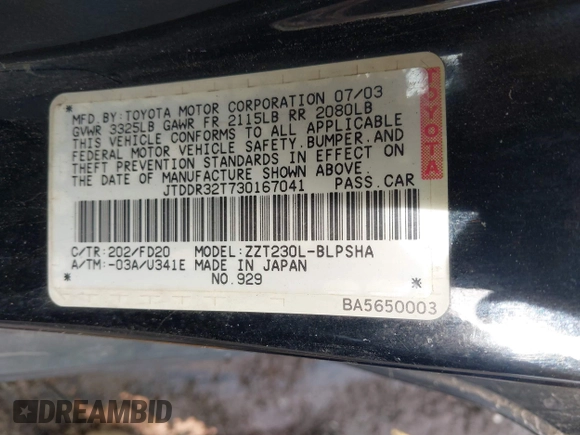 2003 Toyota Celica GT with VIN JTDDR32T730167041, listed as a IAAI auction lot 41471355 with 137,625 mi miles. Bid and sale history available at carsss.com. Image 9.