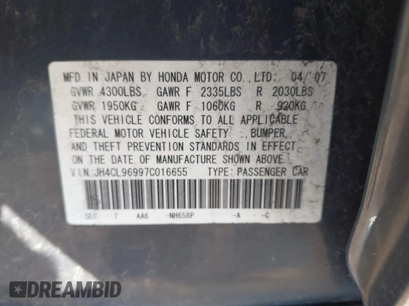 2007 Acura TSX Navi with VIN JH4CL96997C016655, listed as a IAAI auction lot 41812900 with 163,915 mi miles. Bid and sale history available at carsss.com. Image 9.