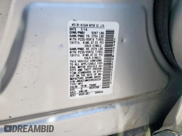 2014 Nissan Murano SL z VIN JN8AZ1MW2EW529229, wystawiony jako Copart lot #52706475 z przebiegiem 111 331 mil mil oraz Szkoda całkowita • Salvage title. Historia ofert i sprzedaży dostępna na DreamBid. Obrazek 13.