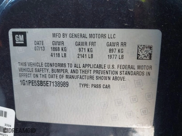 2014 Chevrolet Cruze 2LT with VIN 1G1PE5SB5E7138989, listed as a IAAI auction lot 41635614 with 78,017 mi miles. Bid and sale history available at carsss.com. Image 9.