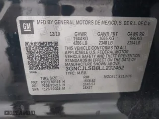 2020 Chevrolet Trax LT with VIN 3GNCJLSB8LL232452, listed as a IAAI auction lot 41590176 with 84,763 mi miles. Bid and sale history available at carsss.com. Image 9.