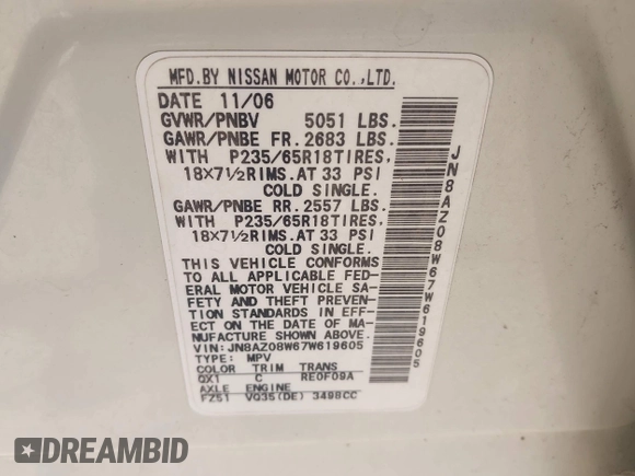 2007 Nissan Murano SE with VIN JN8AZ08W67W619605, listed as a IAAI auction lot 42407088 with 191,508 mi miles and . Bid and sale history available at DreamBid. Image 9.