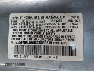 2012 Honda Odyssey EX-L с VIN 5FNRL5H68CB099810, выставлен на аукционе IAAI как лот 42127195 с пробегом 373 830 миль миль и . История ставок и продаж доступна на DreamBid. Изображение 9.