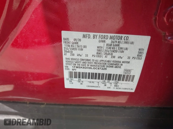 2020 Ford Explorer XLT z VIN 1FMSK8DH8LGC87225, wystawiony jako IAAI lot #42295557 z przebiegiem 110 237 mil mil oraz . Historia ofert i sprzedaży dostępna na DreamBid. Obrazek 9.