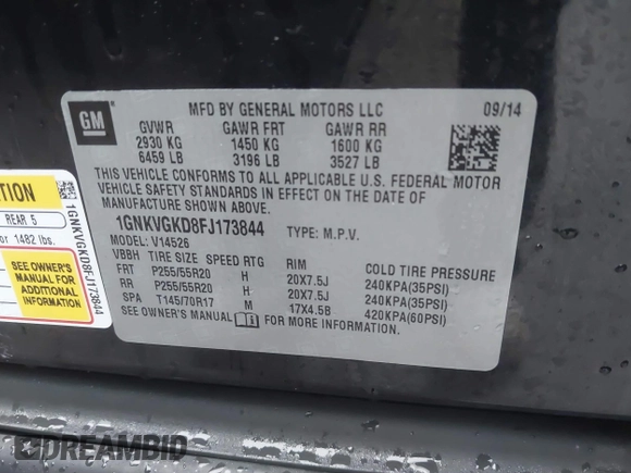 2015 Chevrolet Traverse LT with VIN 1GNKVGKD8FJ173844, listed as a IAAI auction lot 41485901 with 117,300 mi miles and . Bid and sale history available at DreamBid. Image 9.