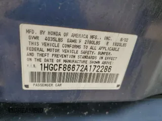 2002 Honda Accord VP z VIN 1HGCF86672A172286, wystawiony jako Copart lot #59795775 z przebiegiem 163 699 mil mil oraz Szkoda całkowita • Salvage title. Historia ofert i sprzedaży dostępna na DreamBid. Obrazek 13.