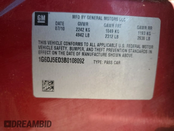 2011 Cadillac CTS Performance with VIN 1G6DJ5ED3B0108092, listed as a Copart auction lot 76266434 with 160,920 mi miles and Salvage Title. Bid and sale history available at DreamBid. Image 14.