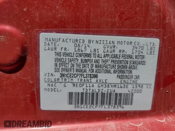 2015 Nissan Note SV with VIN 3N1CE2CP7FL378396, listed as a Copart auction lot 54050065 with 152,105 mi miles and Salvage Title. Bid and sale history available at DreamBid. Image 12.