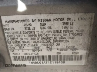 2001 Nissan Altima GXE with VIN 1N4DL01A71C118438, listed as a IAAI auction lot 41538461 with 1 mi miles. Bid and sale history available at carsss.com. Image 9.