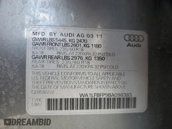 2011 Audi Q5 Premium Plus with VIN WA1LFBFP9BA098383, listed as a Copart auction lot 63238265 with 195,917 mi miles and Salvage title. Bid and sale history available at DreamBid. Image 12.