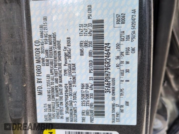 2016 Ford Fusion SE with VIN 3FA6P0H79GR246424, listed as a Copart auction lot 57166155 with 39,270 mi miles and Salvage title. Bid and sale history available at DreamBid. Image 12.