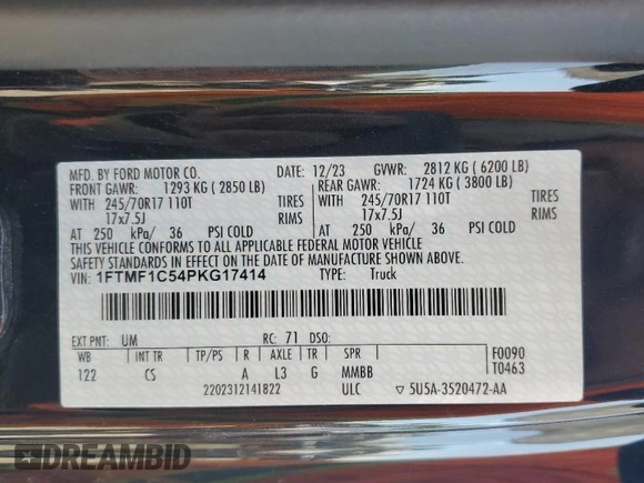 2023 Ford F-150 XL with VIN 1FTMF1C54PKG17414, listed as a Copart auction lot 47793275 with 19,053 mi miles and Salvage Title. Bid and sale history available at carsss.com. Image 12.