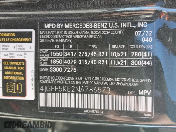 2022 Mercedes-Benz GLS 450 with VIN 4JGFF5KE2NA786573, listed as a Copart auction lot 75948573 with 17,131 mi miles and . Bid and sale history available at DreamBid. Image 13.