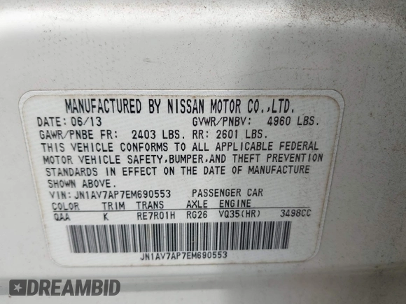 2014 Infiniti Q50 Hybrid Sport with VIN JN1AV7AP7EM690553, listed as a IAAI auction lot 42196341 with 221,709 mi miles and . Bid and sale history available at DreamBid. Image 9.