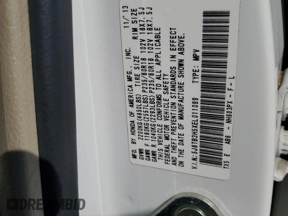 2014 Acura RDX Tech Pkg with VIN 5J8TB3H5XEL011099, listed as a Copart auction lot 46748455 with 71,865 mi miles and Clean Title. Bid and sale history available at carsss.com. Image 13.