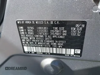 2019 Honda HR-V EX with VIN 3CZRU5H50KM719378, listed as a IAAI auction lot 41871358 with 56,610 mi miles. Bid and sale history available at carsss.com. Image 9.