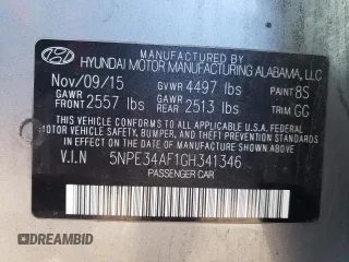 2016 Hyundai Sonata Sport with VIN 5NPE34AF1GH341346, listed as a Copart auction lot 50891895 with 120,180 mi miles and Salvage Title. Bid and sale history available at DreamBid. Image 12.