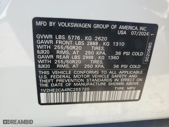 2024 Volkswagen Atlas Cross Sport 2.0T SE w/Technology with VIN 1V2HE2CA4RC255720, listed as a Copart auction lot 52382195 with 8,392 mi miles and Salvage Title. Bid and sale history available at carsss.com. Image 13.