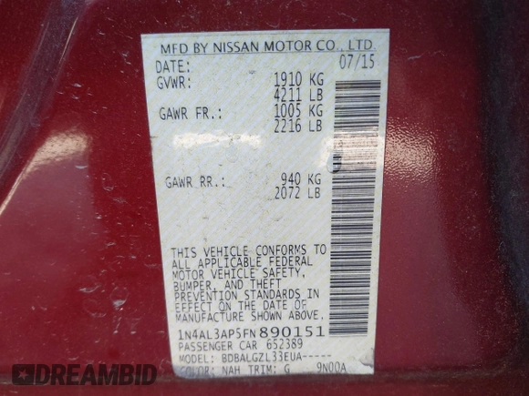 2015 Nissan Altima S with VIN 1N4AL3AP5FN890151, listed as a IAAI auction lot 42051383 with 213,460 mi miles and . Bid and sale history available at DreamBid. Image 9.