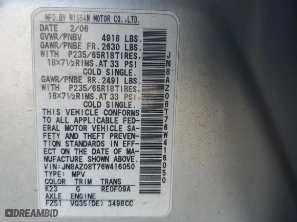 2006 Nissan Murano S with VIN JN8AZ08T76W416050, listed as a Copart auction lot 47643815 with 190,082 mi miles and Salvage Title. Bid and sale history available at carsss.com. Image 12.
