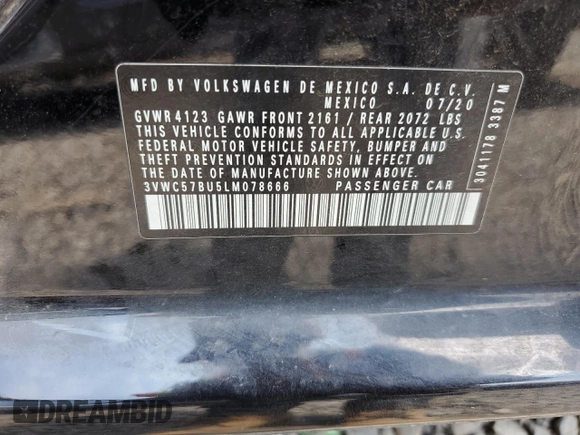 2020 Volkswagen Jetta S with VIN 3VWC57BU5LM078666, listed as a Copart auction lot 59536055 with 95,351 mi miles and Salvage title. Bid and sale history available at DreamBid. Image 12.