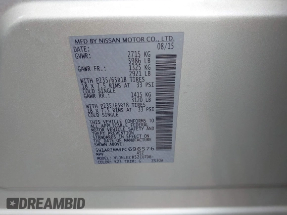 2015 Nissan Pathfinder Platinum with VIN 5N1AR2MM4FC696576, listed as a IAAI auction lot 42501667 with 248,268 mi miles and . Bid and sale history available at DreamBid. Image 9.