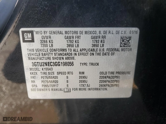 2016 GMC Sierra 1500 SLT with VIN 3GTU2NEC3GG198056, listed as a Copart auction lot 78182734 with 214,170 mi miles and Salvage Title. Bid and sale history available at carsss.com. Image 12.