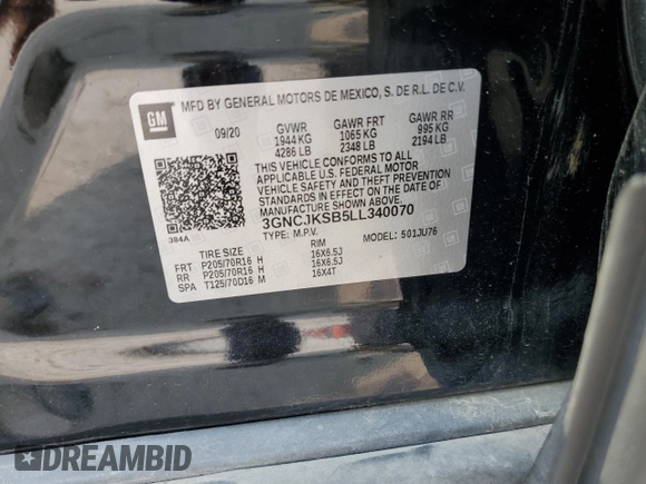 2020 Chevrolet Trax LS with VIN 3GNCJKSB5LL340070, listed as a Copart auction lot 59319985 with 61,209 mi miles and Salvage title. Bid and sale history available at DreamBid. Image 13.
